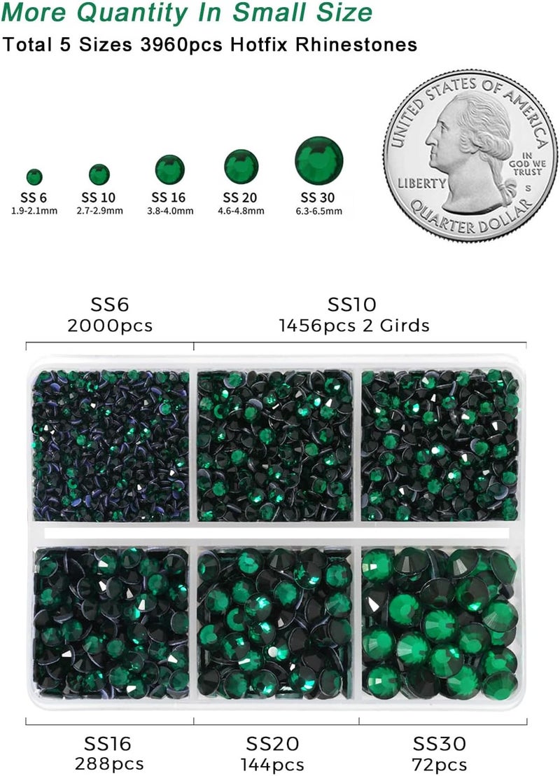 BEADSLAND Hotfix Rhinestones 3960pcs, Green Rhinestone for Clothes, Hot Fix Crystals Rhinestones with Tweezers and Wax Pencil Kit,Mixed 5 Sizes, SS6-SS30, Emerald - Image 4